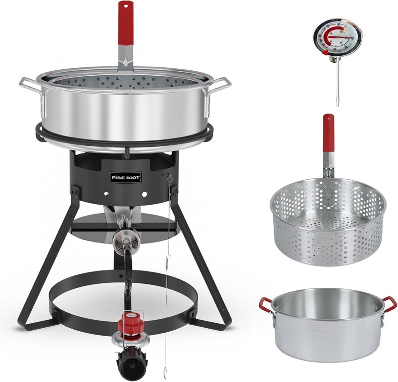 FIRE RIOT طقم قلاية سمك خارجية 10QT – وعاء ألمنيوم ثقيل، سلة 6.7QT، قلاية عميقة تعمل بالغاز مع منظم ضغط 0-10 PSI وإطار فولاذي – مثالية للمأكولات البحرية والمزيد - Image 1